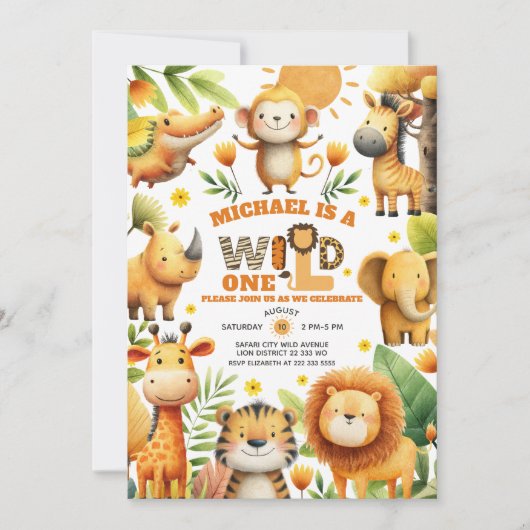 Cute ZOO Safari Animals WILD ONE 1st Birthday  Kaart (Voorkant)