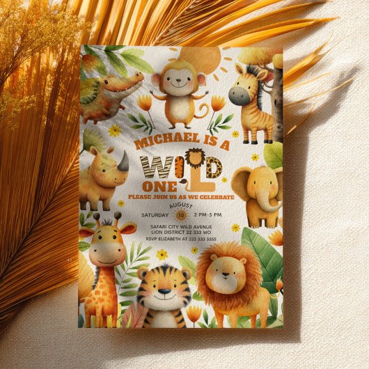 Cute ZOO Safari Animals WILD ONE 1st Birthday  Kaart