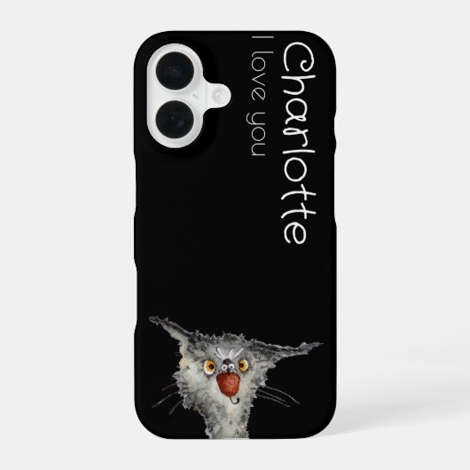 Cute zwarte cartoon katten naam iPhone 16 hoesje (Achterkant)