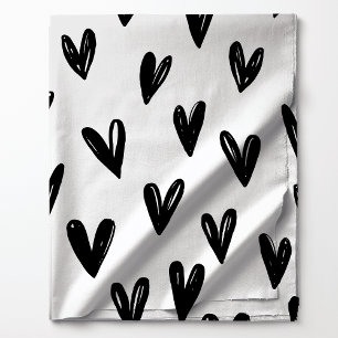 Cute Zwarte En Witte Doodle Harten Patroon Stof