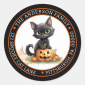 Cute Zwarte Kat JackOLantern Cirkel Retouradres Ronde Sticker (Voorkant)