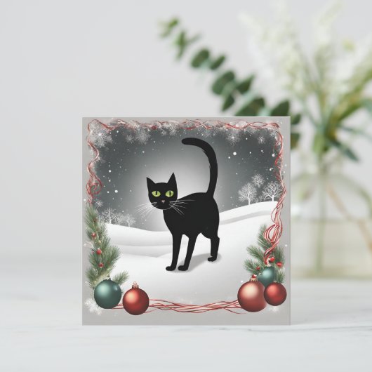 Cute Zwarte Kat Kerst Illustratie  Feestdagenkaart (Staand voorkant)