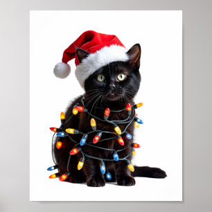 Cute Zwarte Kat Kerstman Kerstverlichting Meow Kit Poster