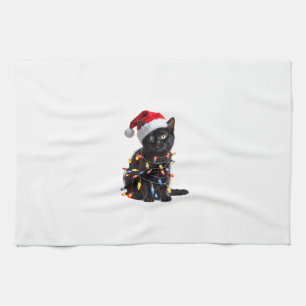 Cute Zwarte Kat Kerstman Kerstverlichting Meow Kit Theedoek