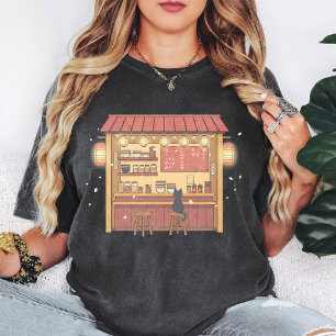 Cute Zwarte Kat Ramen Winkel Kersenbloesem Kunst T-shirt