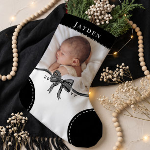Cute Zwarte Strik Naam & Foto Baby Eerste Kerstmis Kleine Kerstsok