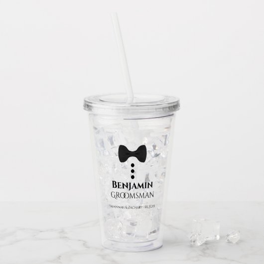Cute Zwarte Strikdas & Knopen Bruidsjonker Trouwen Acryl Drinkbeker (Voorkant ijs)