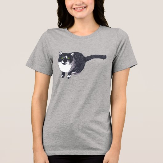 Cute Zwarte Witte Kat in Pointillisme T-shirts (Voorkant)