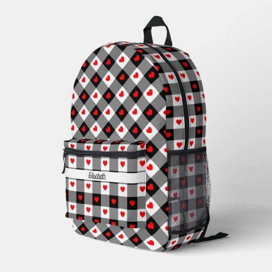 Cute Zwarte Witte Rode Hart Geruite Patroon Naam M Bedrukte Rugzak (Achterkant Hoek Rechts)