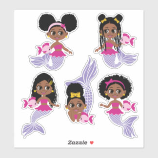 Cute Zwarte Zeemeermin Meisje Sticker Sheet (5 stu