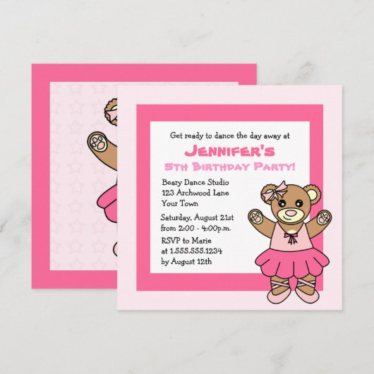 CuteBallet Teddy Bear Theme Party Kaart (Voorkant / Achterkant)