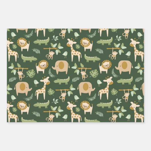 CuteJungle Animals op donkergroene achtergrond Inpakpapier Vel (Voorkant 2)