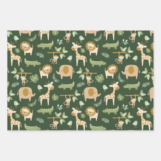 CuteJungle Animals op donkergroene achtergrond Inpakpapier Vel (Voorkant)