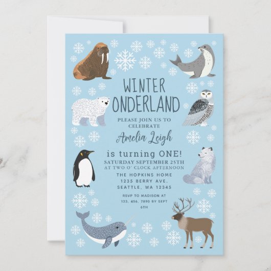 Cuter Animals Winter Onederland Kids 1st Birthday Kaart (Voorkant)