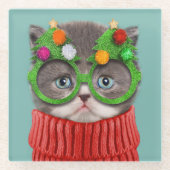 Cutest Baby Animals | Cat Christmas Sweater Glazen Onderzetter (Voorkant)