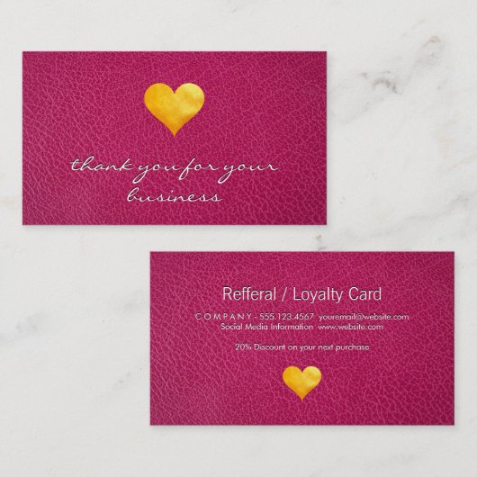 Cutesy Gold Heart Hartelijk dank | Roze leder Klantenkaartje (Voorkant / Achterkant)
