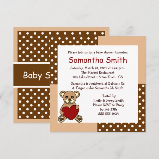 CuteTeddy Beer Baby shower Invitation Brown Red Kaart (Voorkant / Achterkant)