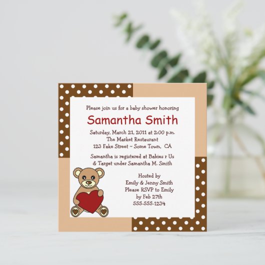 CuteTeddy Beer Baby shower Invitation Brown Red Kaart (Staand voorkant)