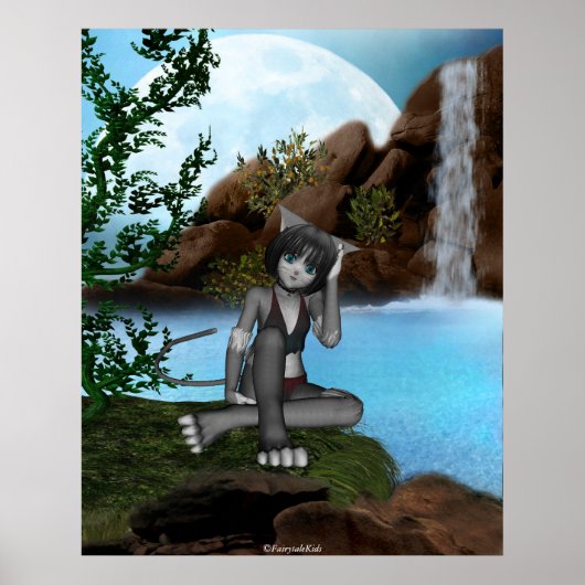 Cutie Anime Kitten Waterfall Moon 3 Poster (Voorkant)