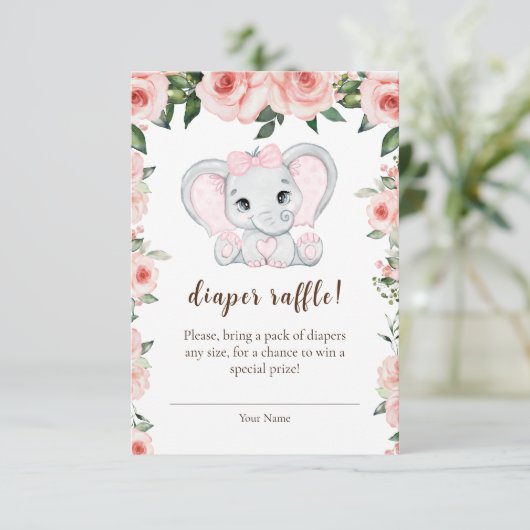 Cutie Elephant Blush Pink Floral Diaper Raffle Informatiekaartje (Staand voorkant)
