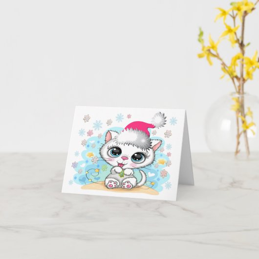 Cutie Kat Meowy Kerstmis Kaart (Gele Bloem)