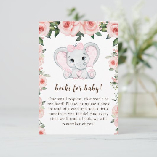 Cutie Olifant Blush Roze Bloemen Boeken voor Baby Informatiekaartje (Staand voorkant)
