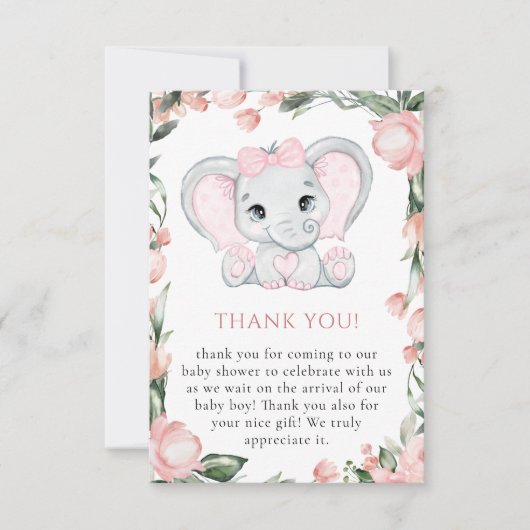 Cutie Olifant Blush Roze Bloemen Meisje Baby showe Bedankkaart (Voorkant)