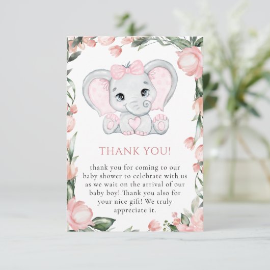 Cutie Olifant Blush Roze Bloemen Meisje Baby showe Bedankkaart (Staand voorkant)