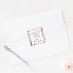 Cutie Olifant Blush Roze Bloemen Meisje Baby showe Vierkante Sticker