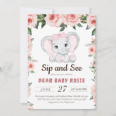 Cutie Olifant Blush Roze Bloemen Sip En Zien Kaart (Voorkant)