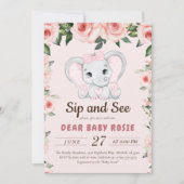 Cutie Olifant Blush Roze Bloemen Sip En Zien Kaart (Voorkant)