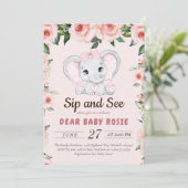 Cutie Olifant Blush Roze Bloemen Sip En Zien Kaart (Staand voorkant)