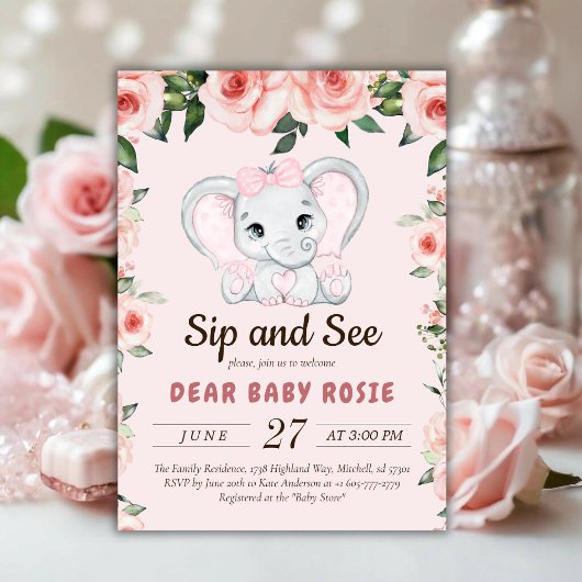 Cutie Olifant Blush Roze Bloemen Sip En Zien Kaart