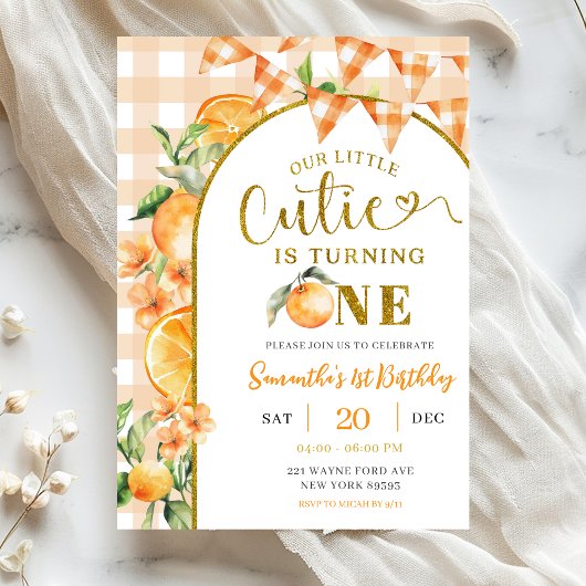 Cutie Orange Gingham 1st birthday Kaart