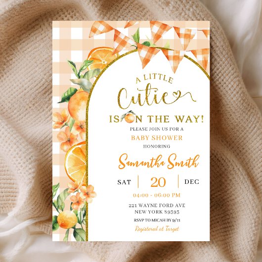 Cutie Orange Gingham baby shower invitation Kaart