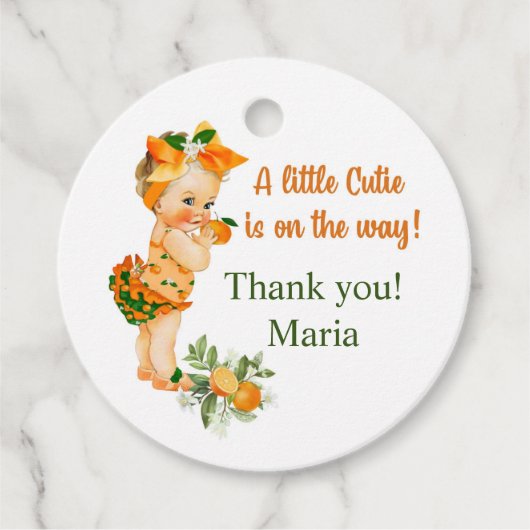 Cutie oranje baby shower-gunsttag bedankjes labels (Voorkant)