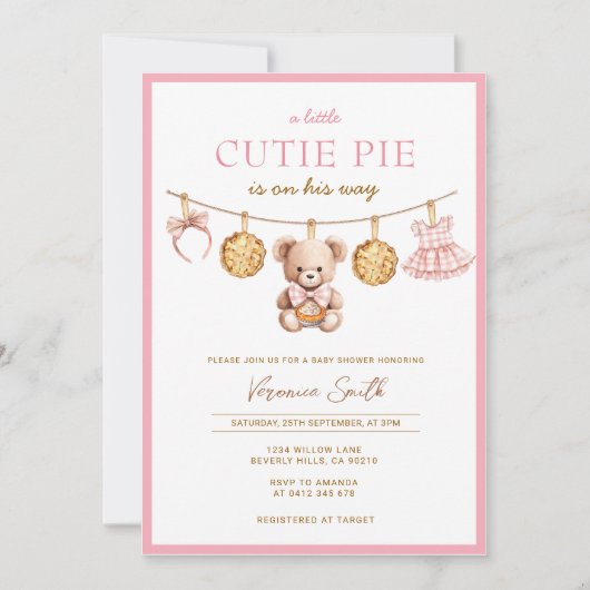 Cutie Pie Bear Girl Baby Shower Invitation Kaart (Voorkant)