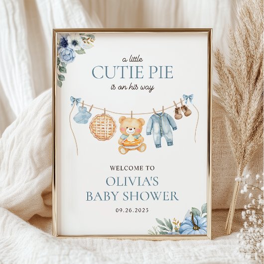 Cutie Pie Blue Fall Boy Baby Shower Welcome Poster