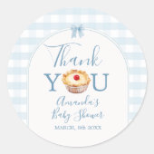 Cutie Pie Blue Gingham Baby shower Bedankt Ronde Sticker (Voorkant)