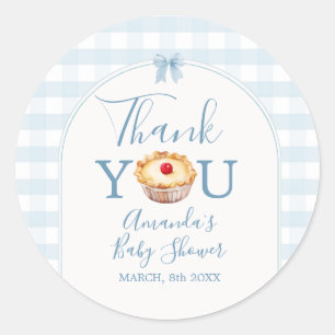 Cutie Pie Blue Gingham Baby shower Bedankt Ronde Sticker