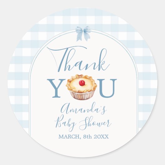 Cutie Pie Blue Gingham Baby shower Bedankt Ronde Sticker (Voorkant)