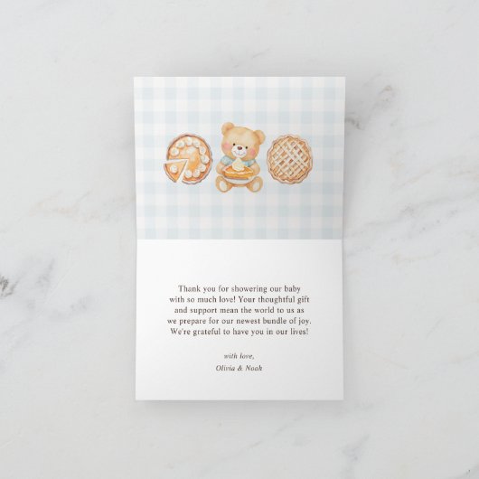 Cutie Pie Blue Herfst Teddy Bear Boy Baby shower Bedankkaart (Binnen)