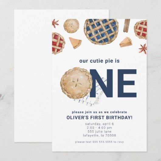 Cutie Pie First Birthday Party Invitation Kaart (Voorkant / Achterkant)