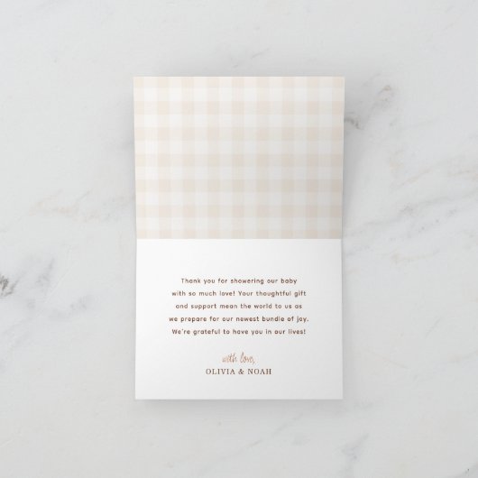 Cutie Pie Gingham Teddy Bear Herfst Baby shower Bedankkaart (Binnen)