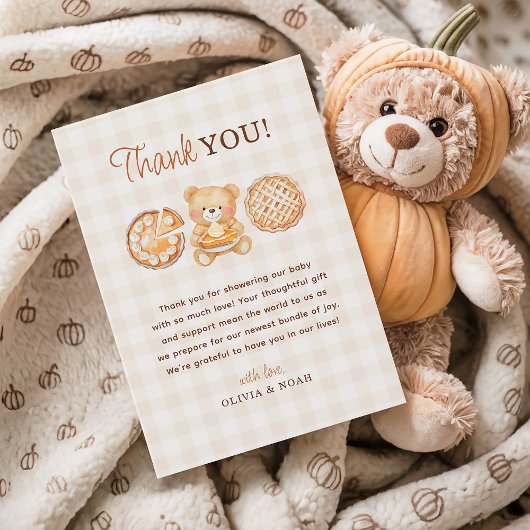Cutie Pie Gingham Teddy Bear Herfst Baby shower Bedankkaart