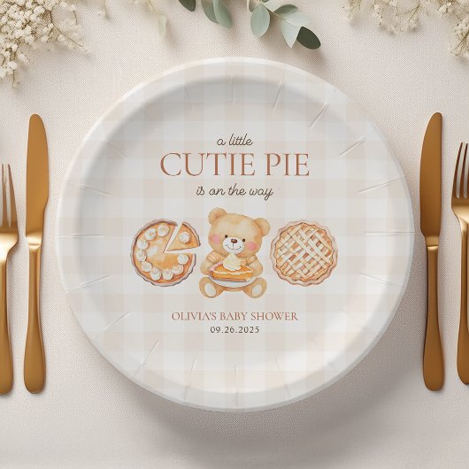 Cutie Pie Gingham Teddy Bear Herfst Baby shower Papieren Bordje