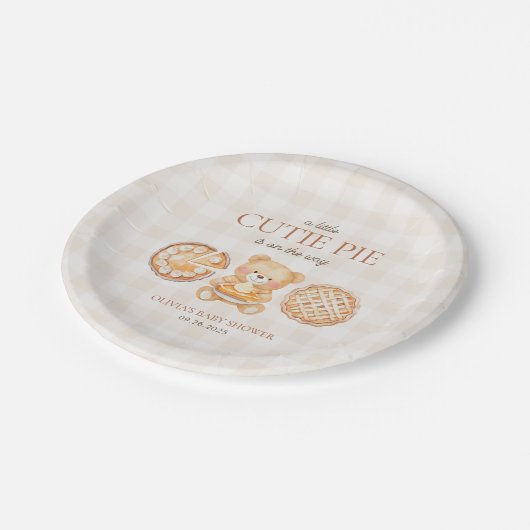 Cutie Pie Gingham Teddy Bear Herfst Baby shower Papieren Bordje (Gekanteld)