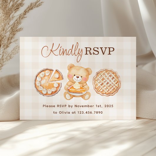 Cutie Pie Gingham Teddy Bear Herfst Baby shower RSVP Kaartje