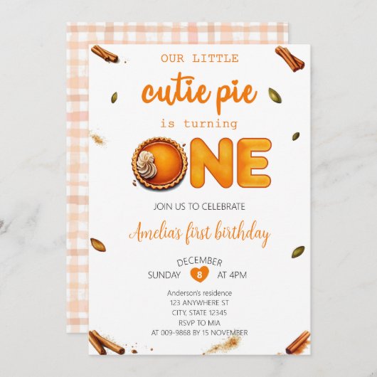 Cutie Pie Herfst Rustiek Sinaasappel Gingham 1e ve Kaart (Voorkant / Achterkant)