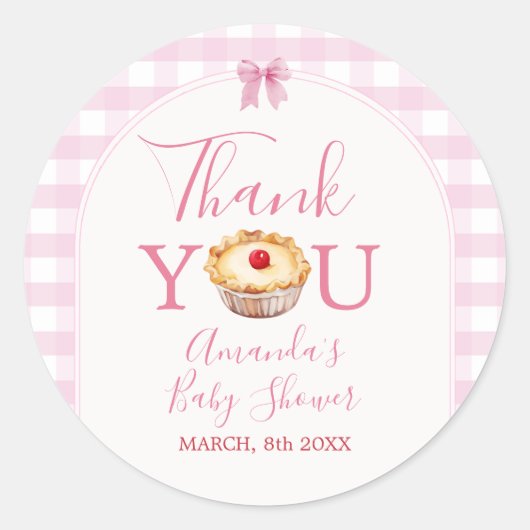 Cutie Pie Pink Gingham Baby shower Bedankt Ronde Sticker (Voorkant)
